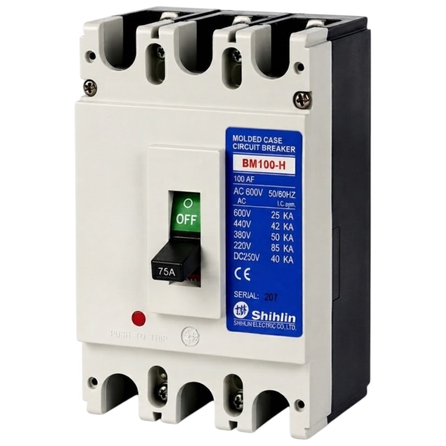 Shihlin BM100-H molded case circuit breaker, 75A, 3-pole, with a white front, black side housing, and a blue technical specification label.