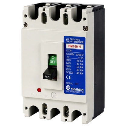 Shihlin BM100-H molded case circuit breaker, 75A, 3-pole, with a white front, black side housing, and a blue technical specification label.