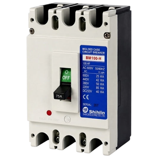 Shihlin BM100-H molded case circuit breaker, 75A, 3-pole, with a white front, black side housing, and a blue technical specification label.