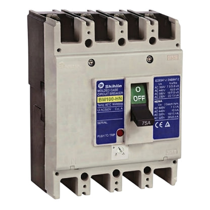 Shihlin BM100-HN molded case circuit breaker, 75A AC 240V, Col A, featuring a gray plastic housing, black terminal covers, and blue and white label stickers.
