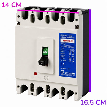 Shihlin BM100-H molded circuit breaker shown on a white background with dimension overlays indicating 14 cm width and 16.5 cm height.