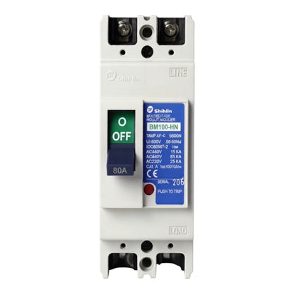 A Schneider Electric circuit breaker, model BM100-HN, featuring a white plastic housing, a green OFF switch, and a blue technical label.