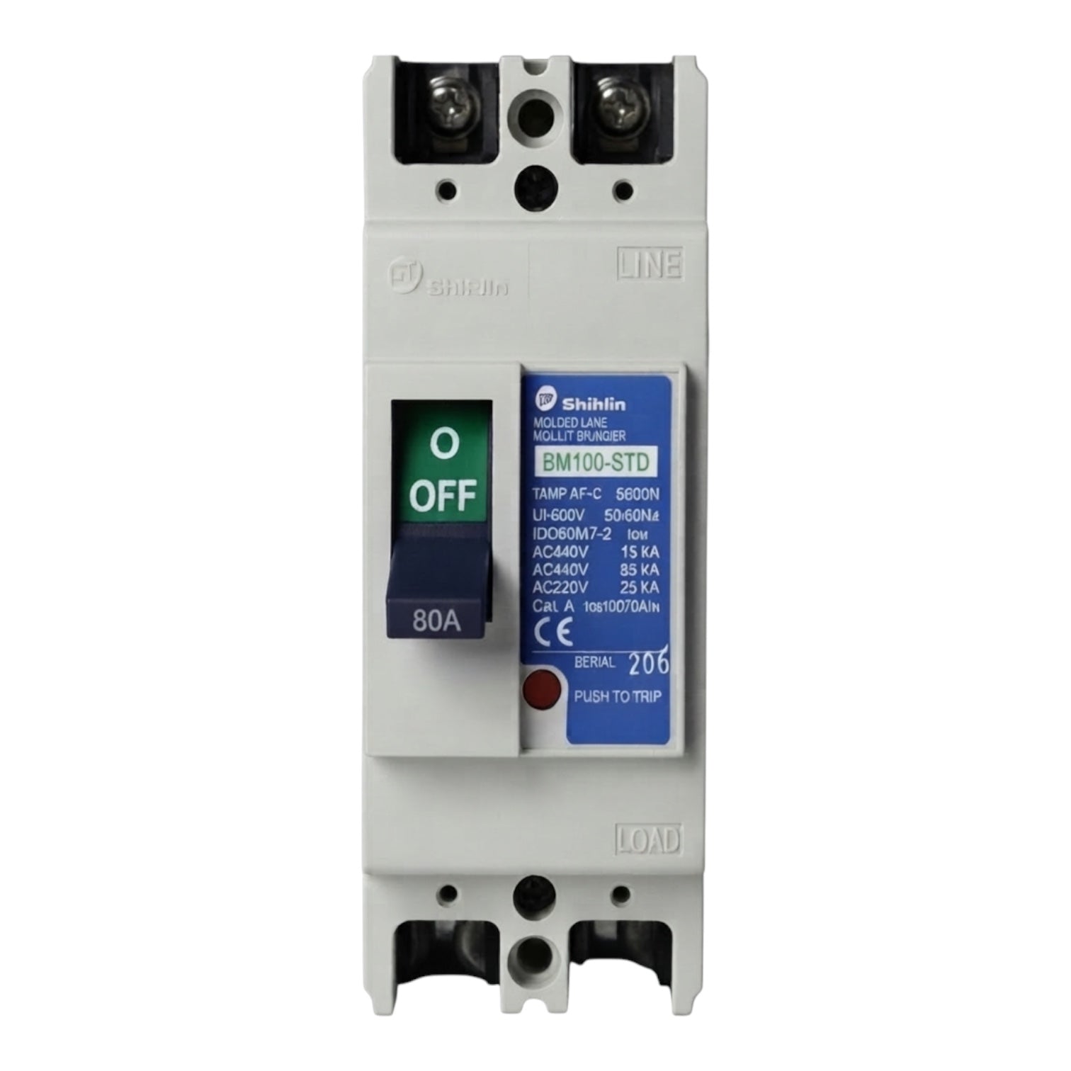 Shihlin BM100-STD molded case circuit breaker, 80A AC 240V, featuring a light gray plastic housing, dark gray terminal blocks, and blue and white control labels with a black switch.