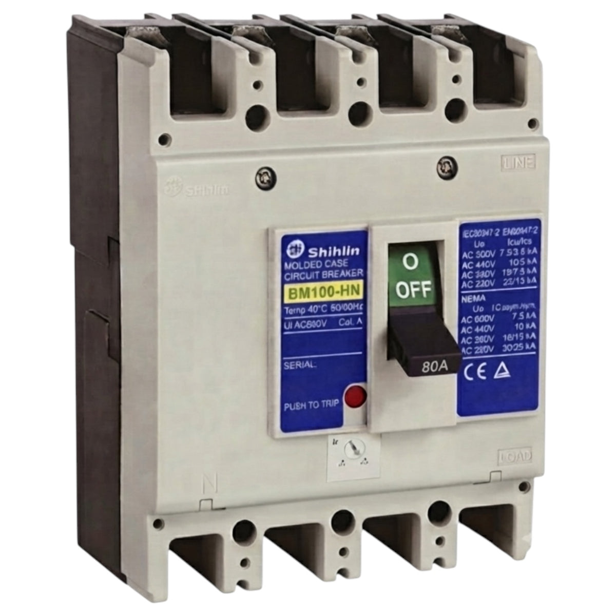 A molded case circuit breaker with a white plastic body, blue and yellow labels, and a central green-and-black switch, photographed on a plain white background.