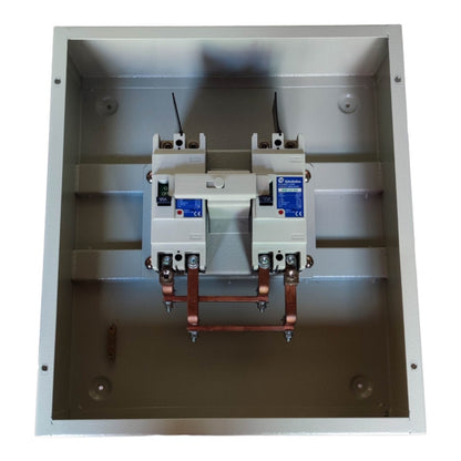 Electrical panel with circuit breakers and wiring on a white background