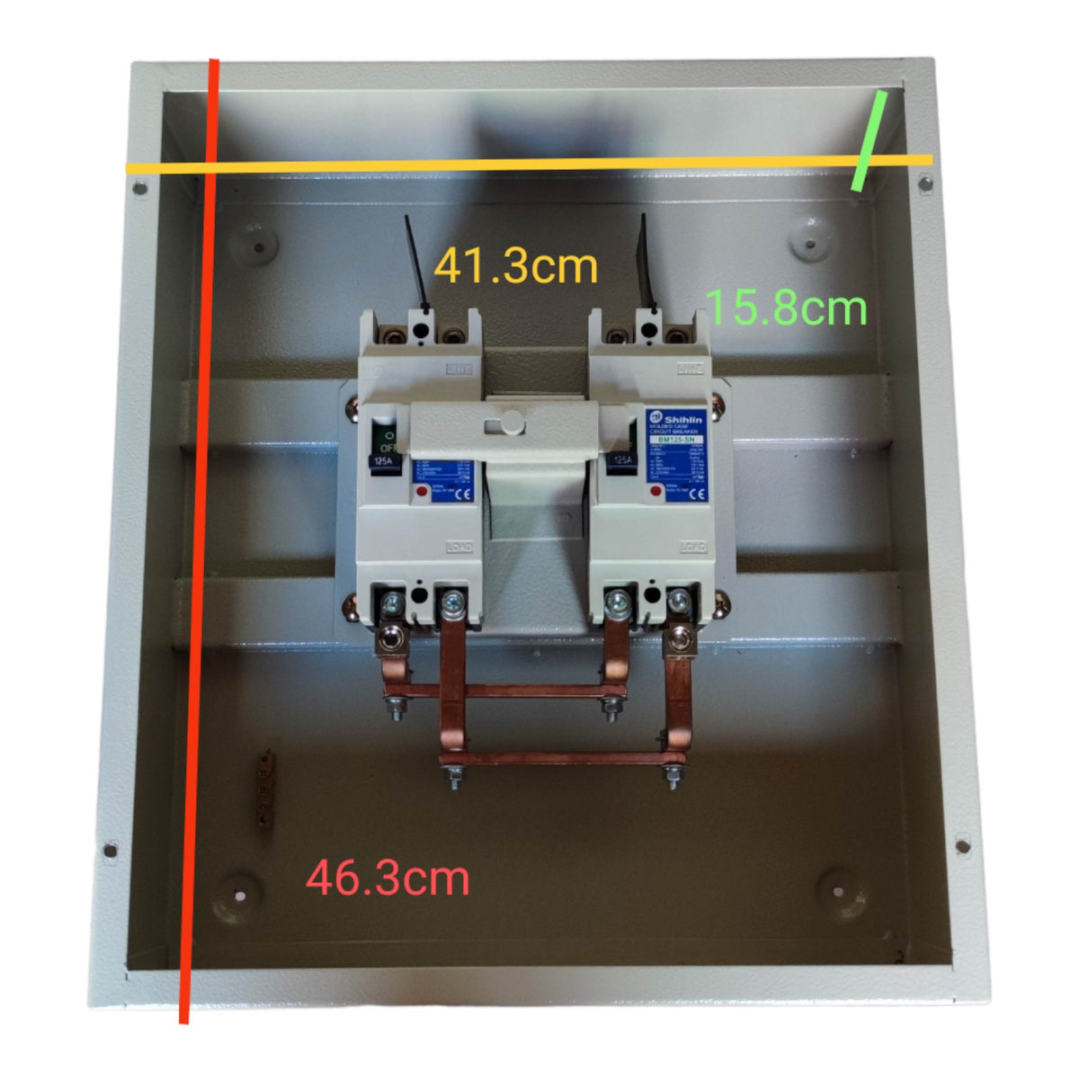 Electrical panel with mounted contactor and dimensions marked on a white background