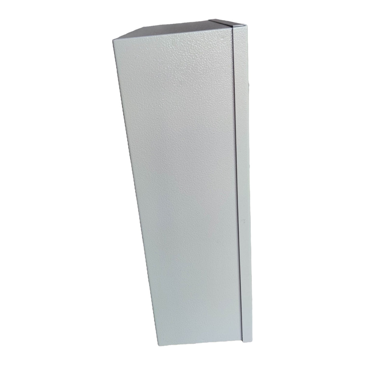 Tall rectangular silver object on a white background