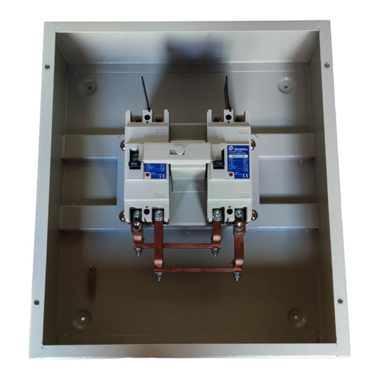 Electrical panel with circuit breakers and wiring on a white background