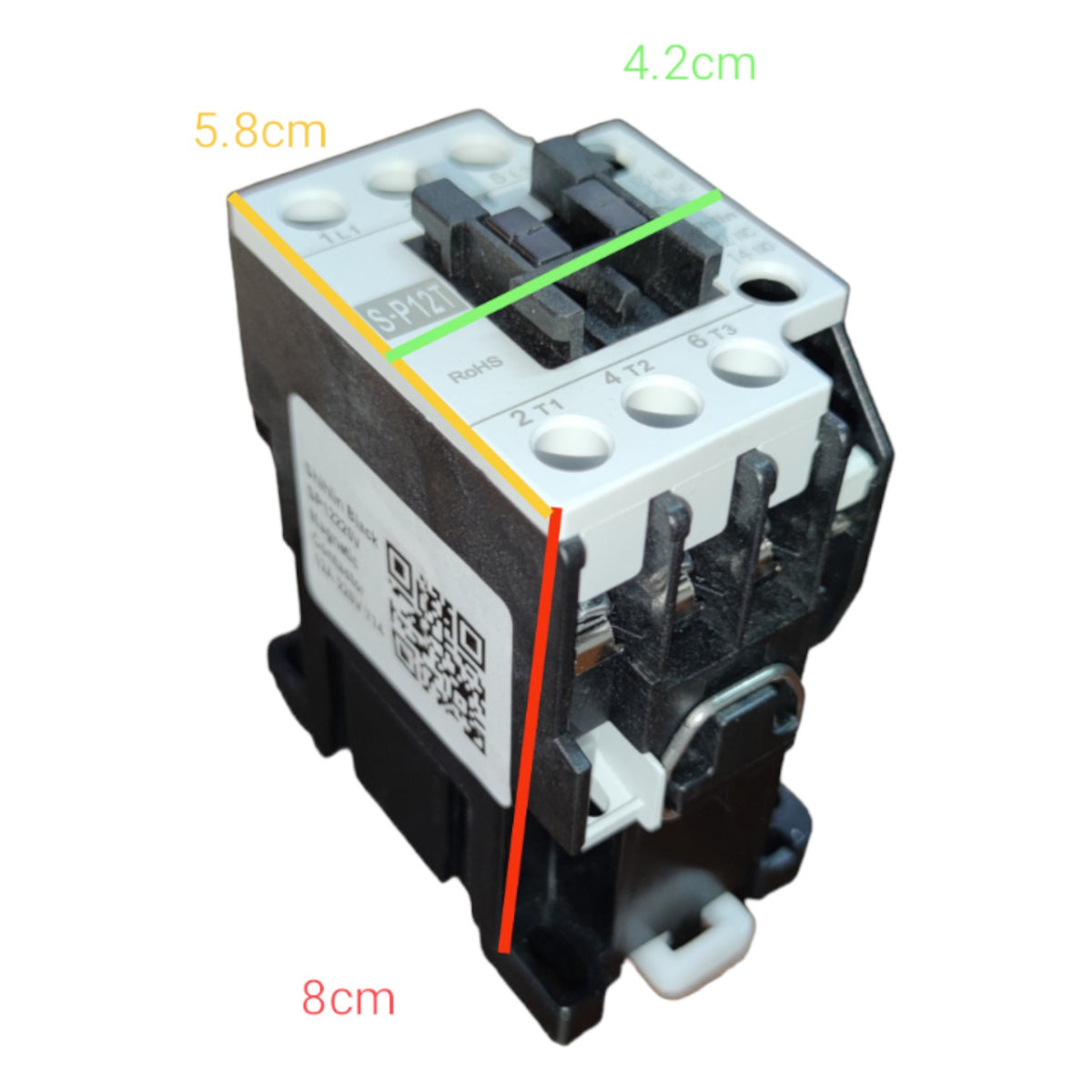 Electrical contactor with dimensions labeled on a white background