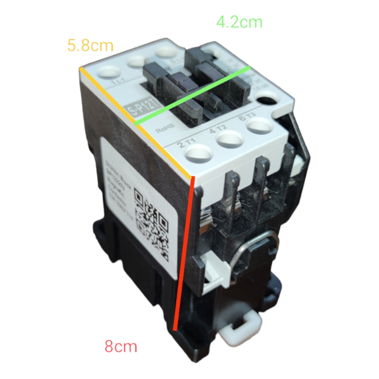 Electrical contactor with dimensions labeled on a white background
