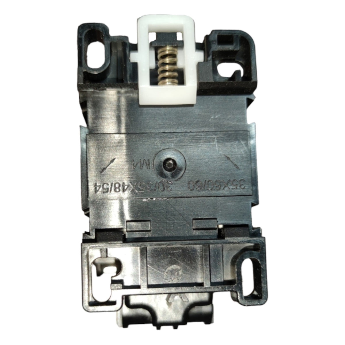 Mechanical component with metal and plastic parts on a white background