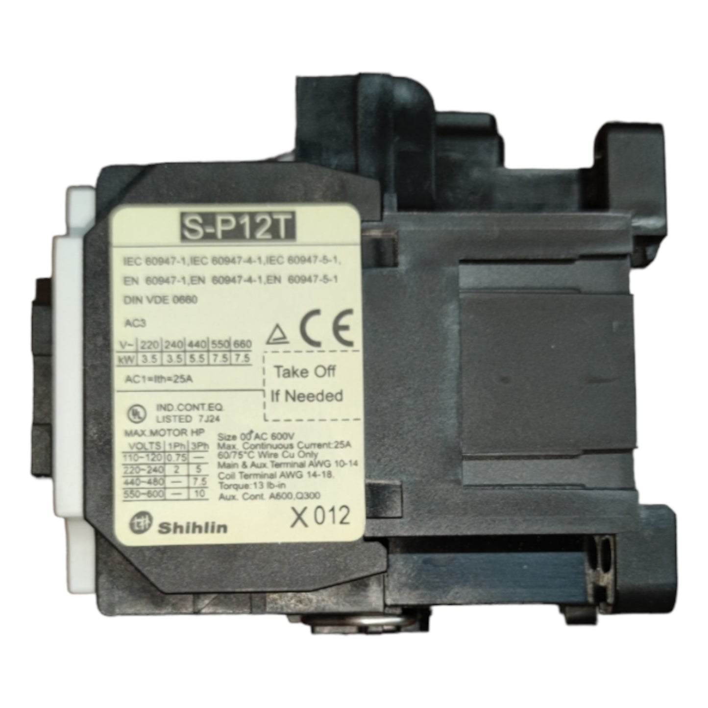 Black electrical contactor with label on a white background