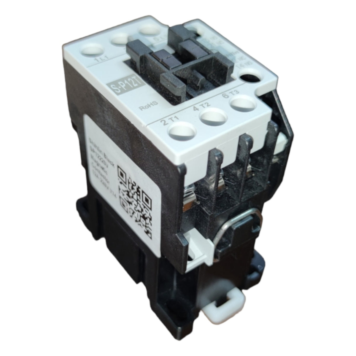 Electrical contactor with visible branding and QR code on a white background