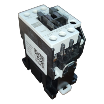 Electrical contactor with visible branding and QR code on a white background