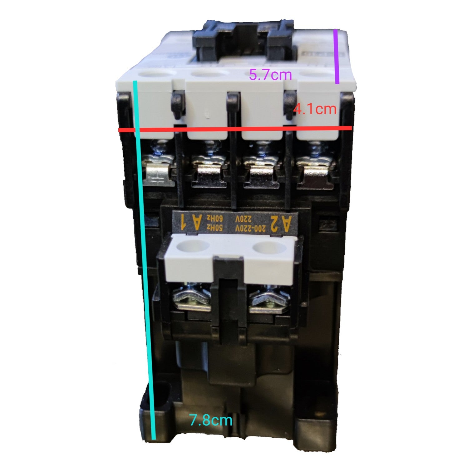 Electrical contactor with dimensions marked on a white background