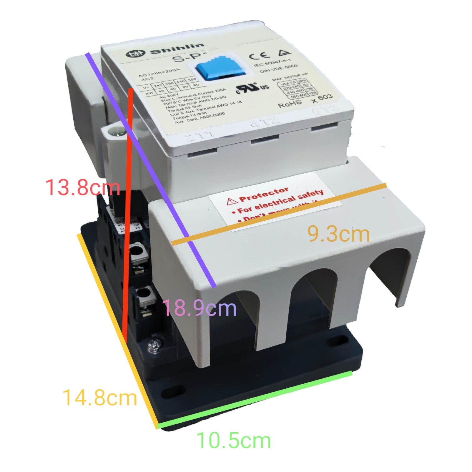Electrical components with measurements on a white background