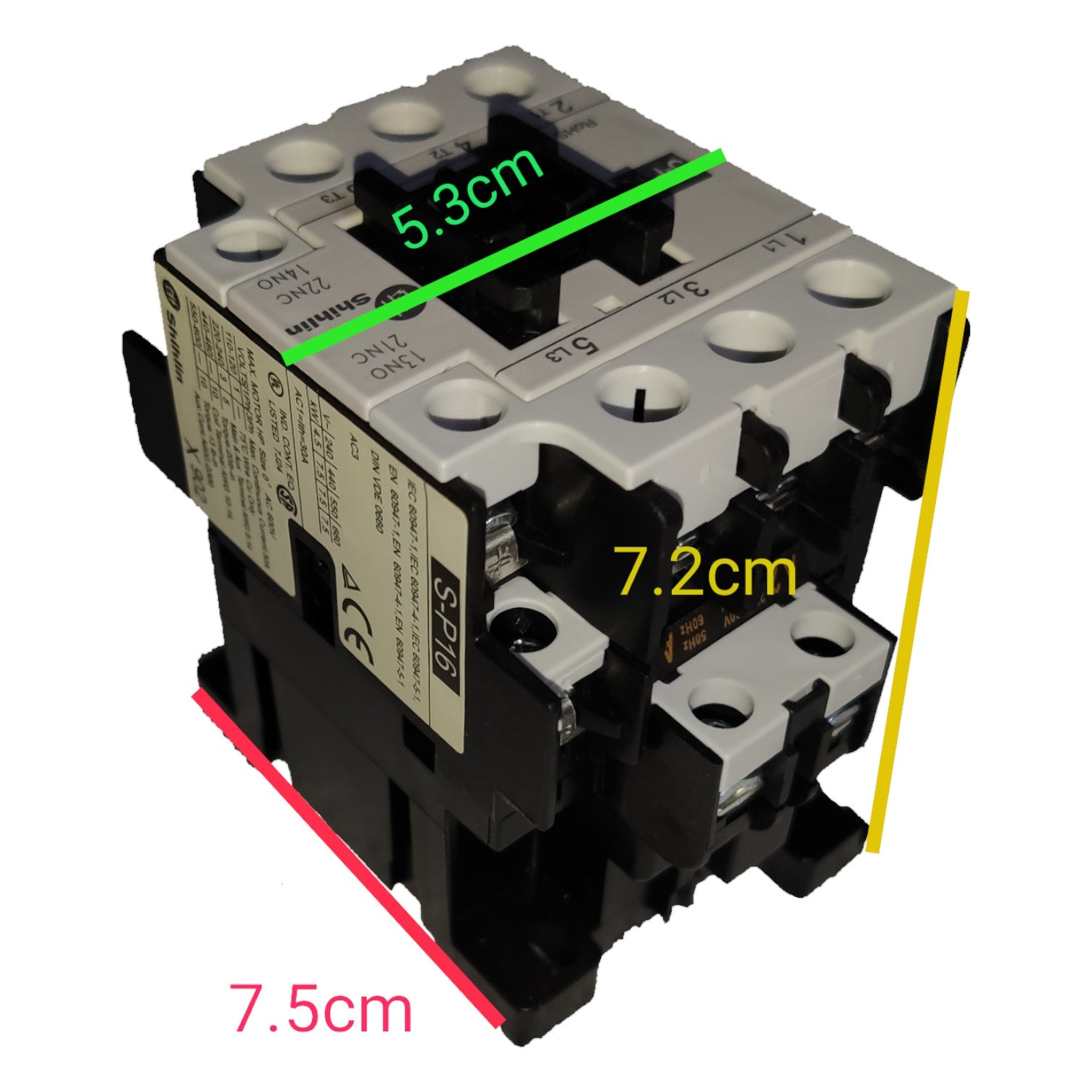 Electrical contactor with dimensions labeled on a white background
