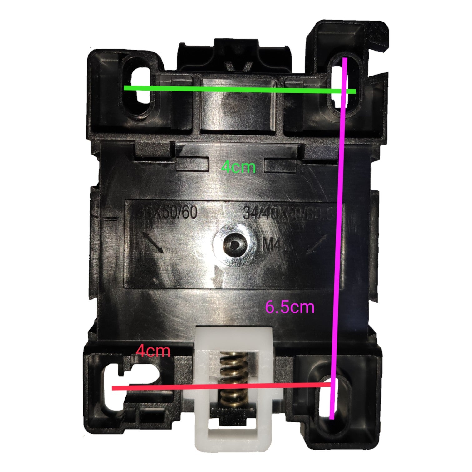 Mechanical component with measurements marked on a white background