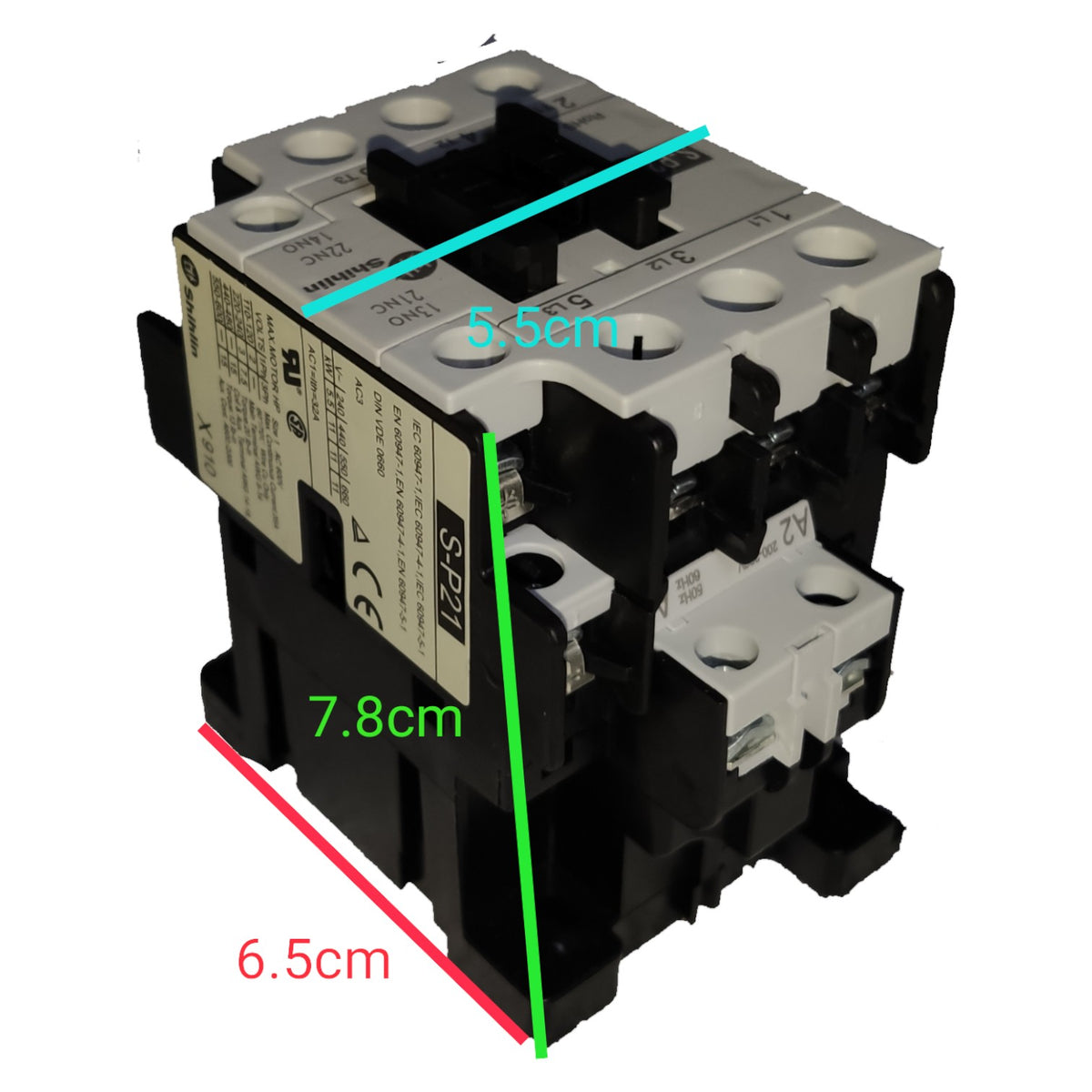 Electrical contactor with dimensions labeled on a white background