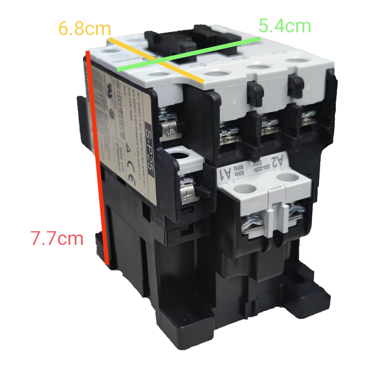 Electrical contactor with dimensions labeled on a white background