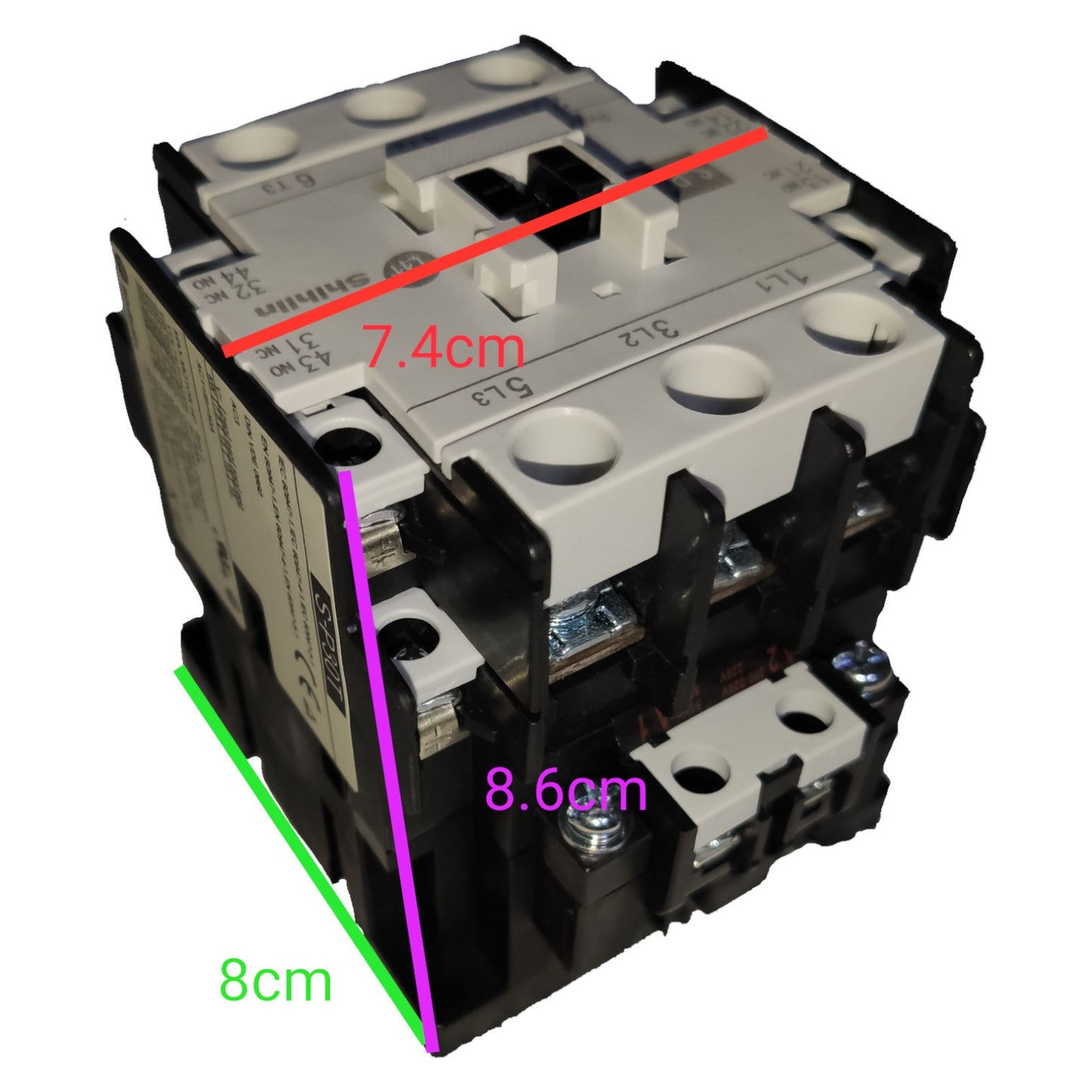Electrical contactor with measurements marked on a white background