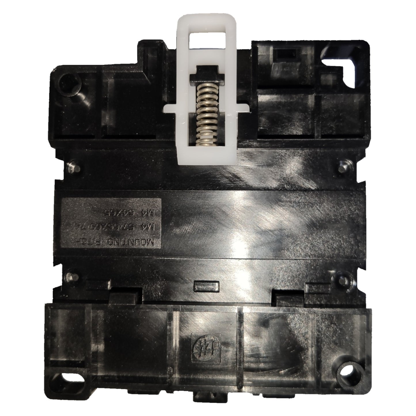 Mechanical component with metallic finish and plastic parts on a white background