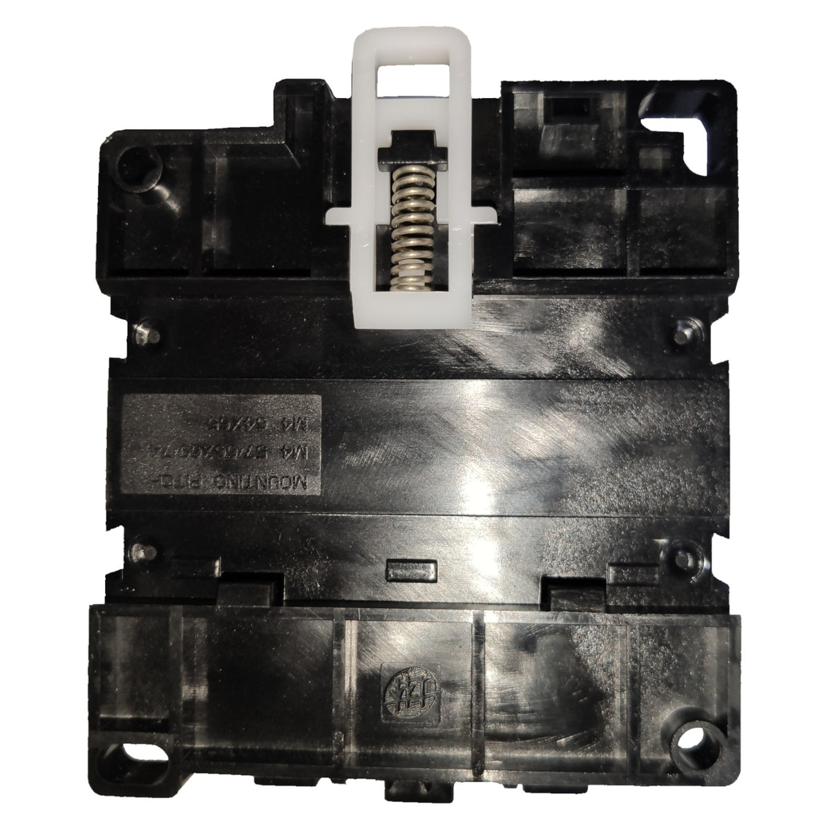 Mechanical component with metallic finish and plastic parts on a white background