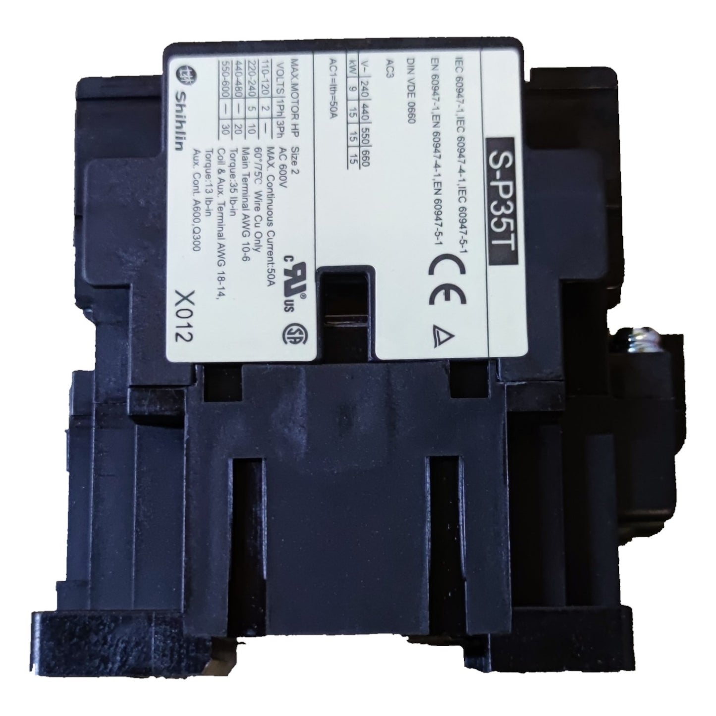 Black electrical contactor with visible branding and certification logos on a white background