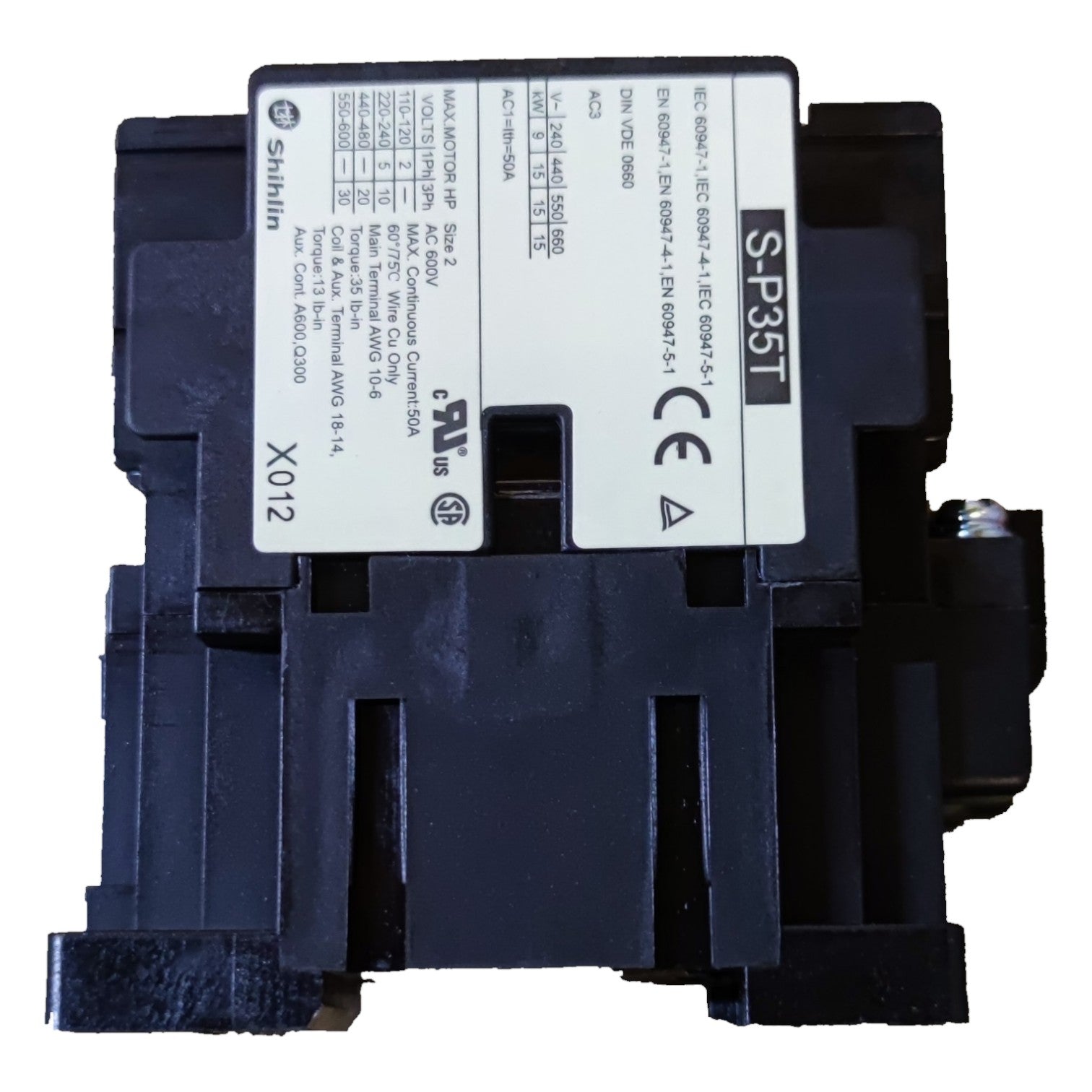 Black electrical contactor with visible branding and certification logos on a white background