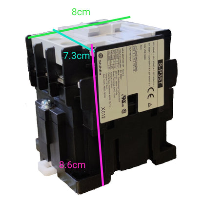 Electrical contactor with dimensions labeled on a white background