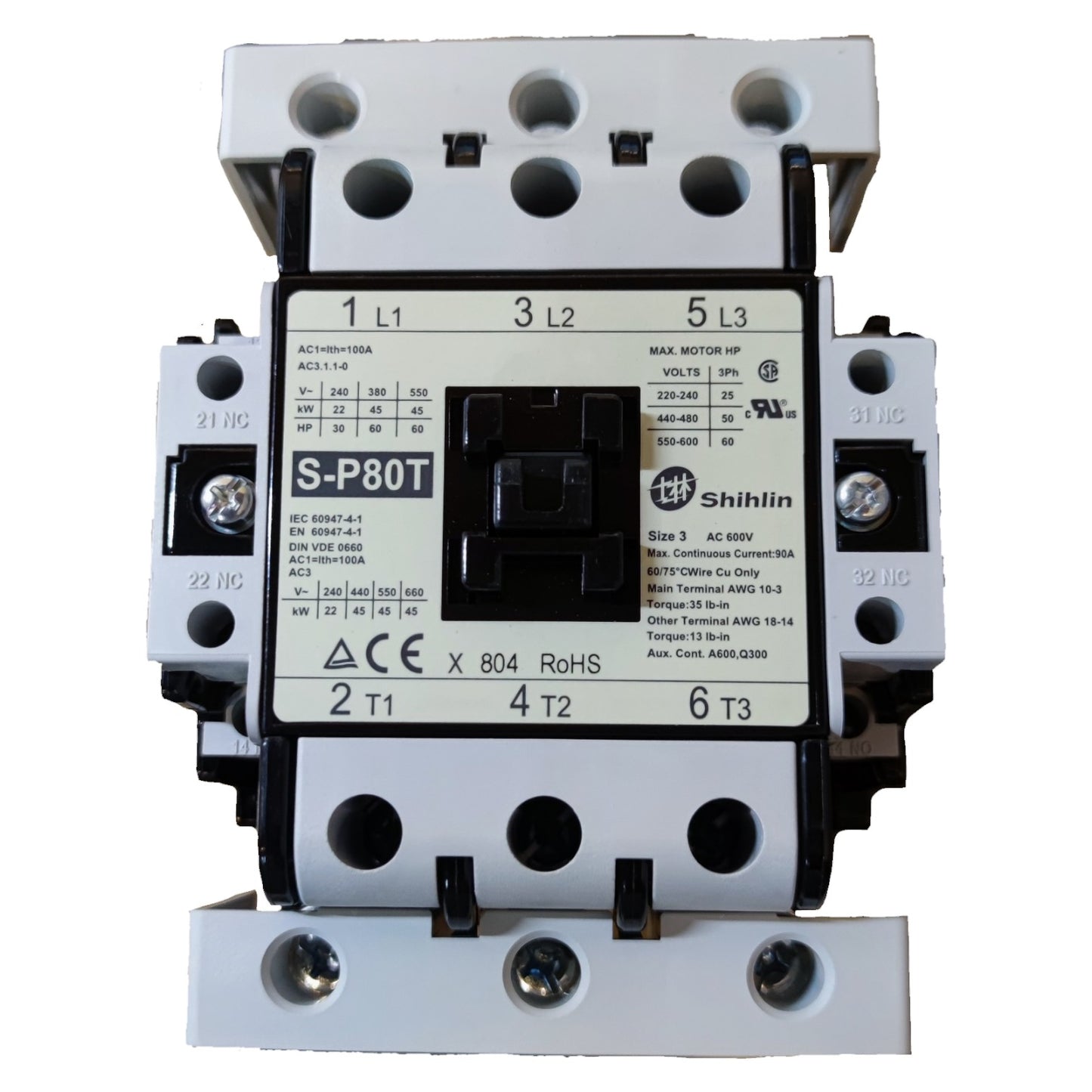 Electrical contactor with S-P80T model number on a white background