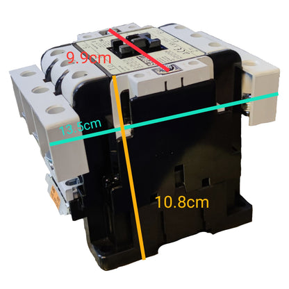 Electrical contactor with measurements marked on a white background