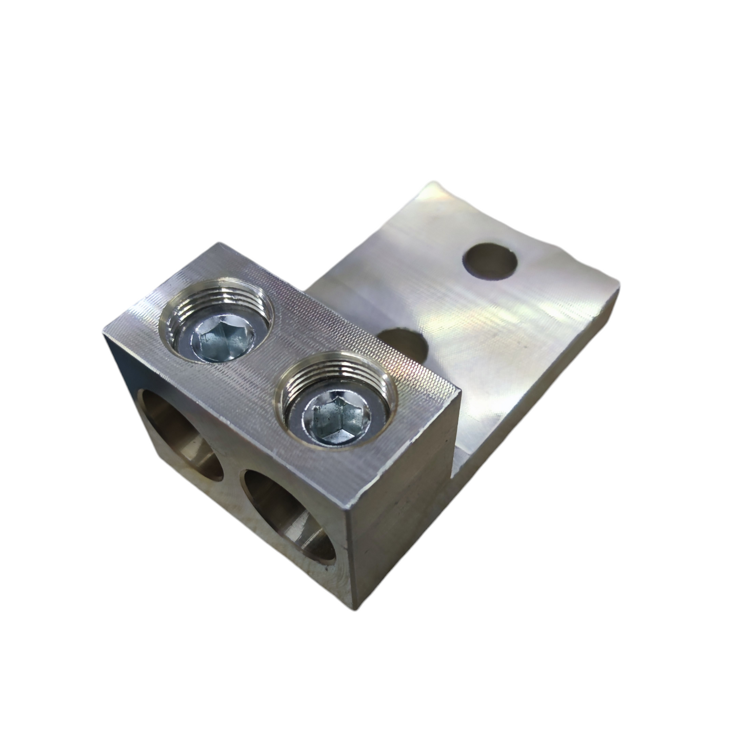 Metal component with threaded holes on a white background