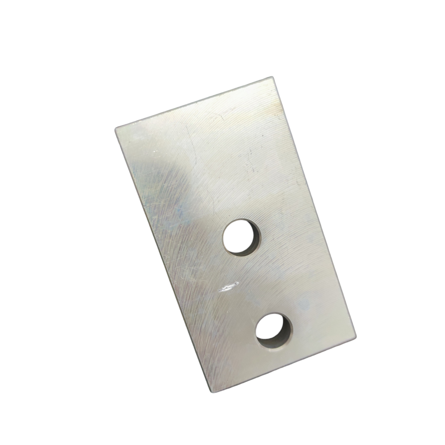 Rectangular metal plate with two holes on a white background