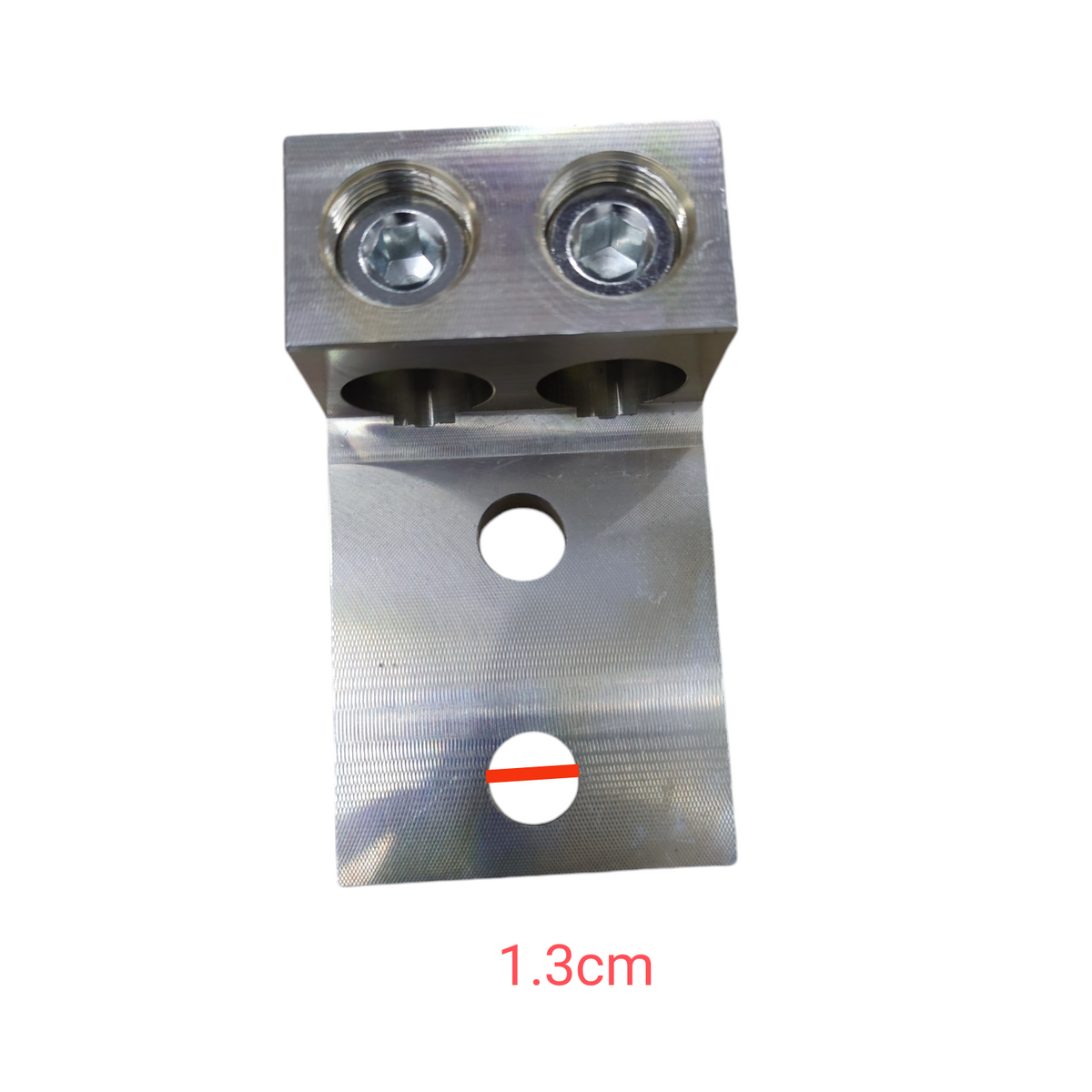 Metal bracket with two cylindrical holes on a white background