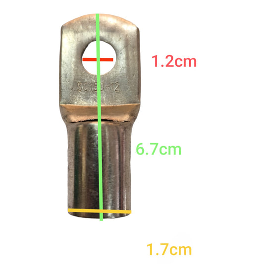Metal terminal with measurements on a white background