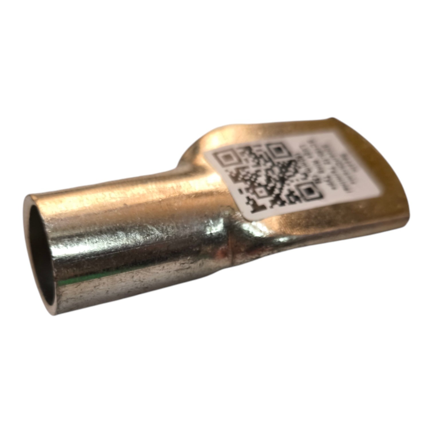Metallic cylindrical object with a QR code label on a white background