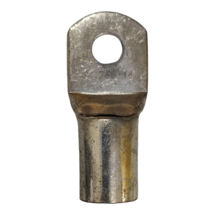 Metal terminal with a hole on a white background