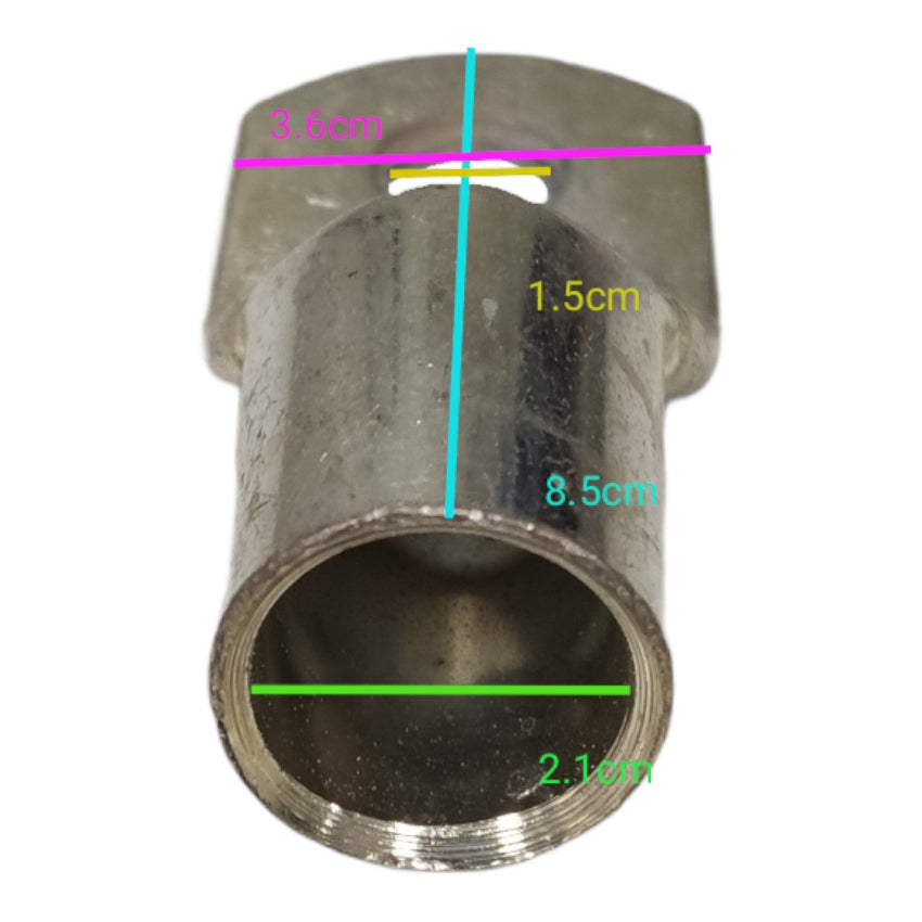 Metal fitting with measurements marked on a white background