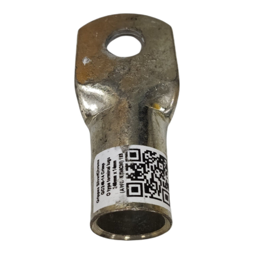 Metal terminal with a label and QR code on a white background