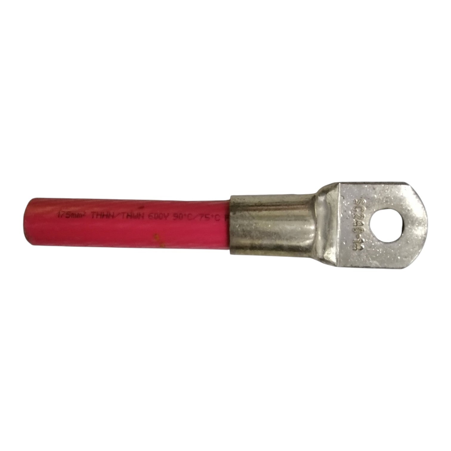 Metal terminal with red insulation on a white background