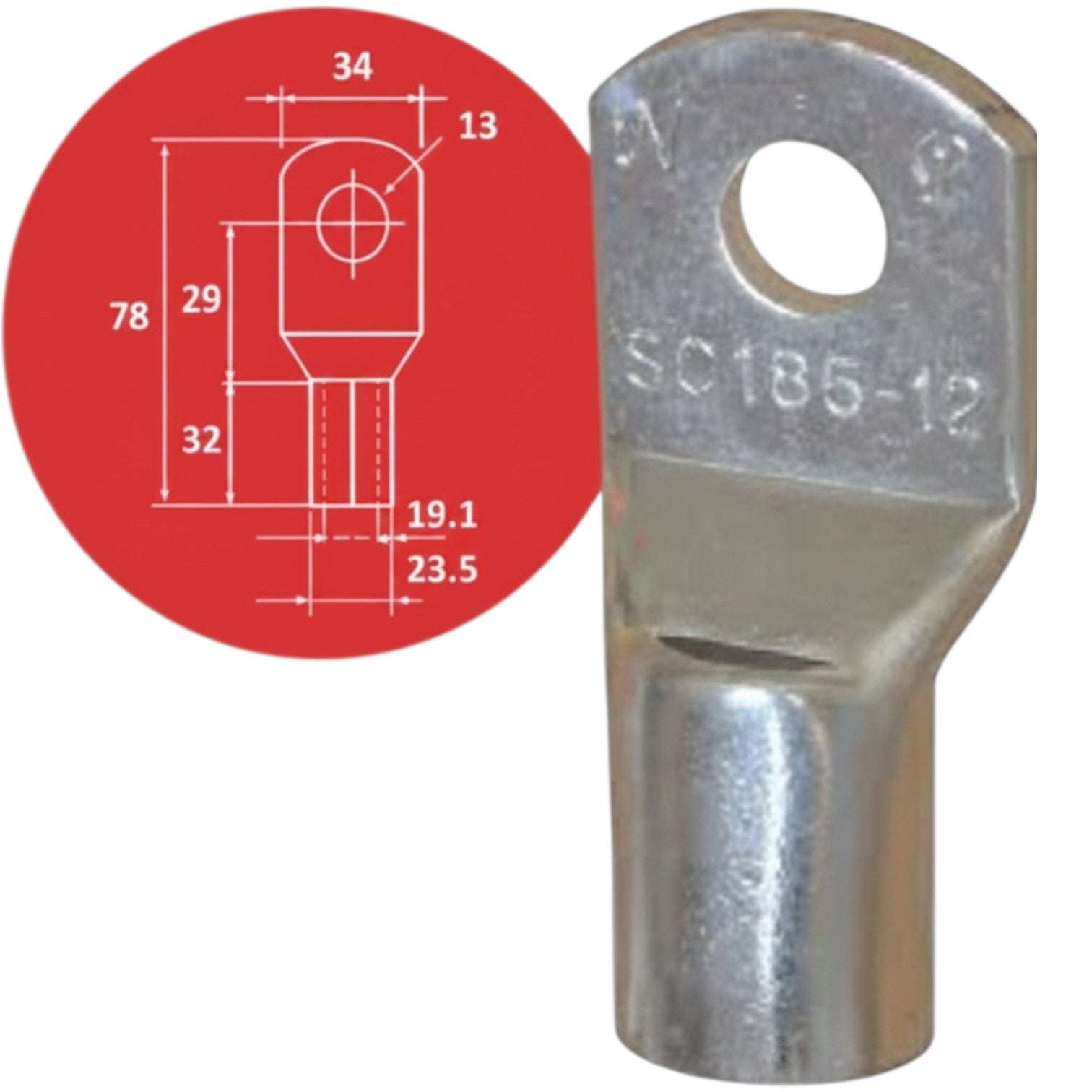 Metal terminal with dimensions on a red circle, on a white background