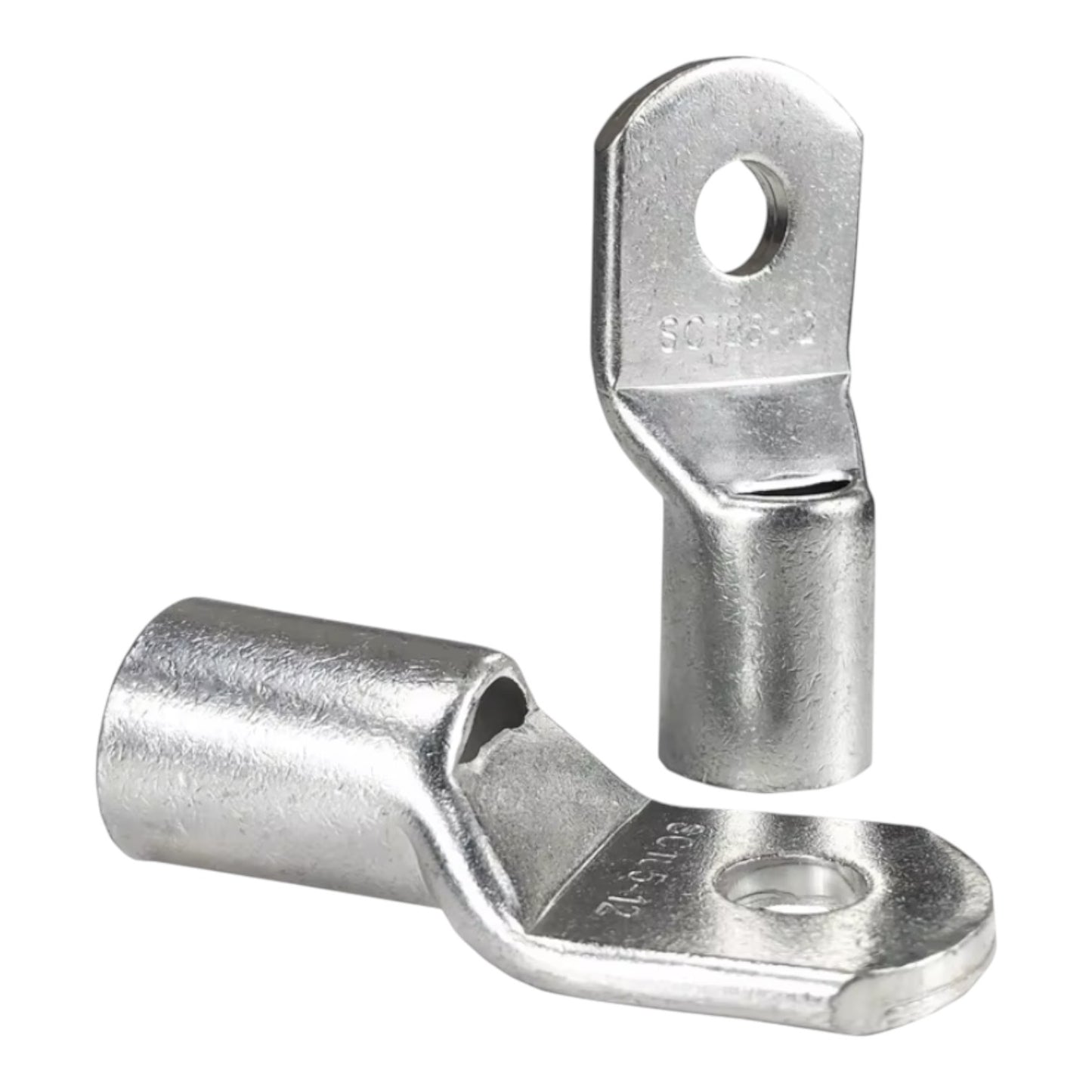 Two metal electrical connectors on a white background