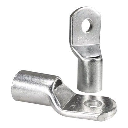 Two metal electrical connectors on a white background
