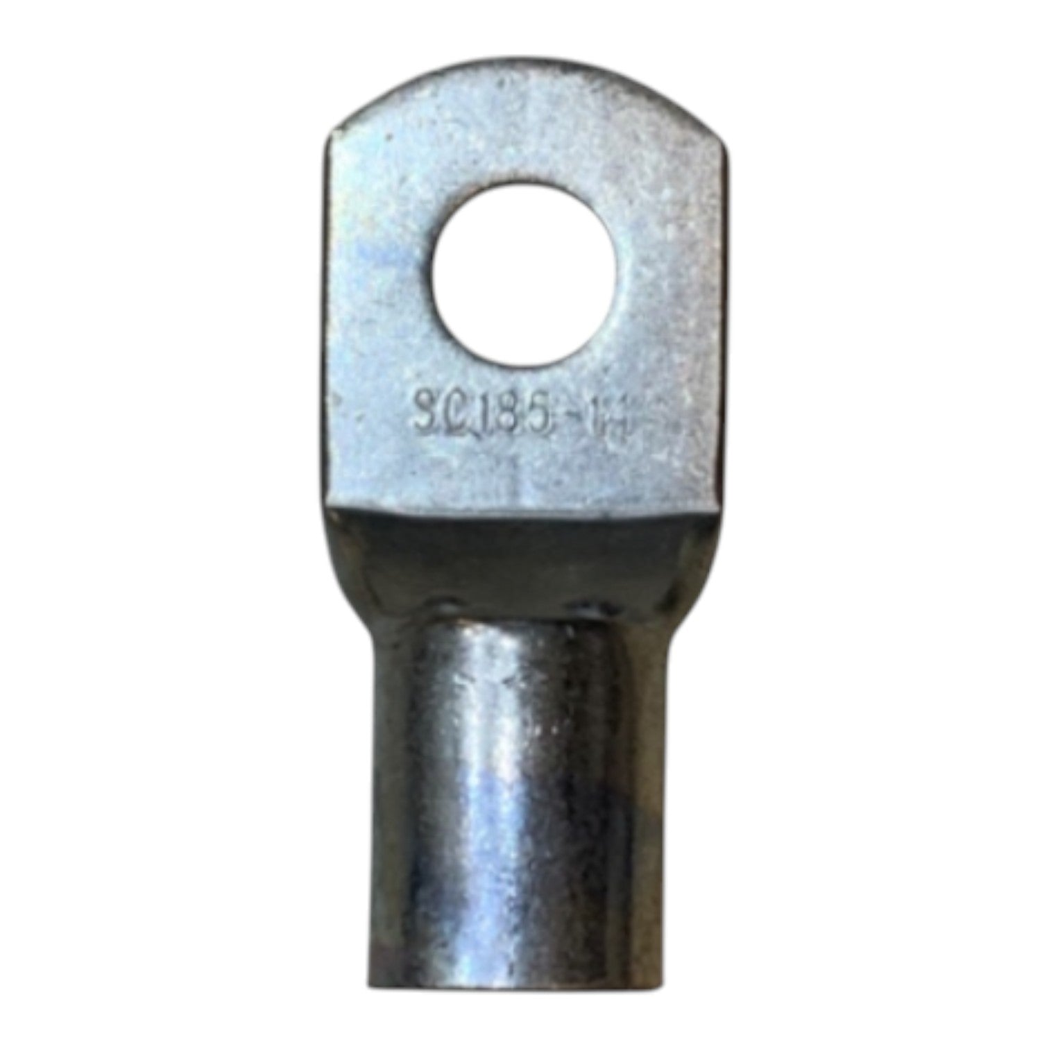 Metal terminal with a hole on a white background