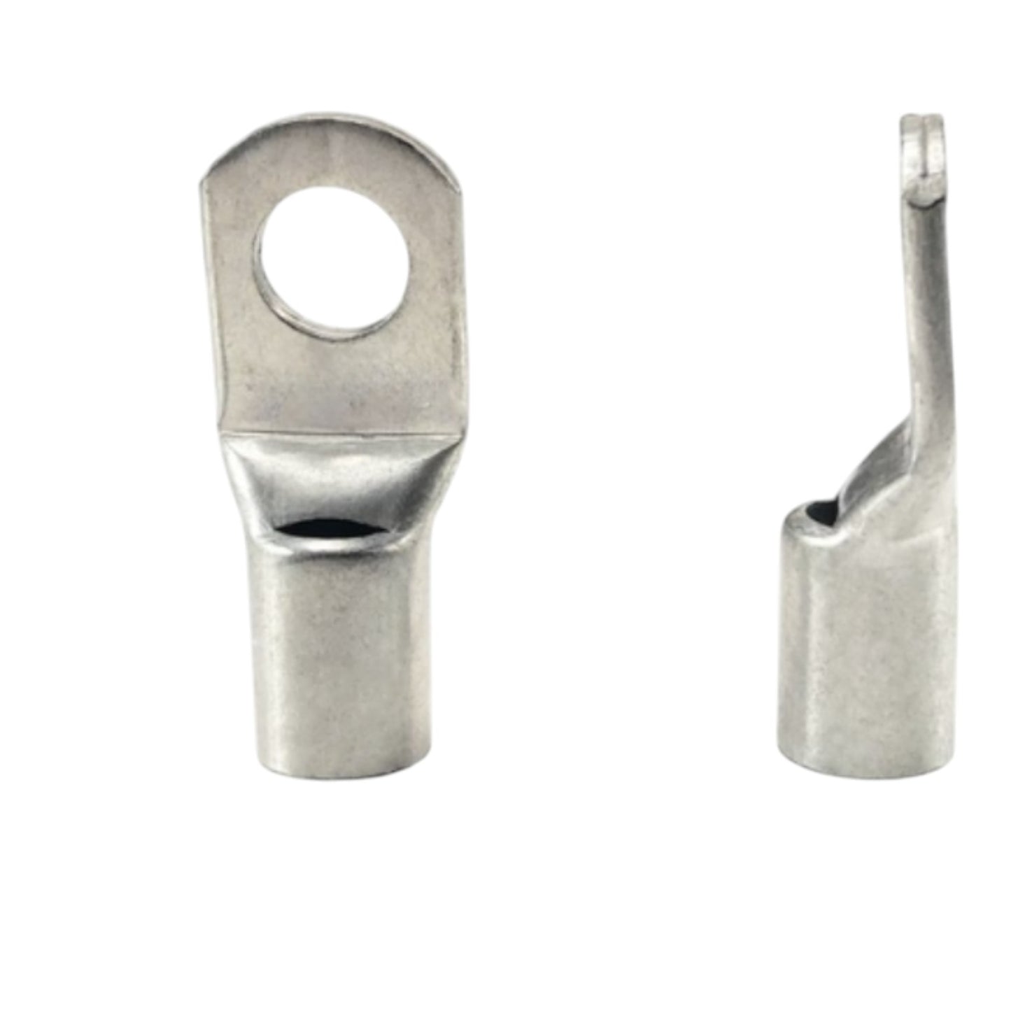 Two metal cable terminals on a white background