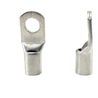 Two metal cable terminals on a white background