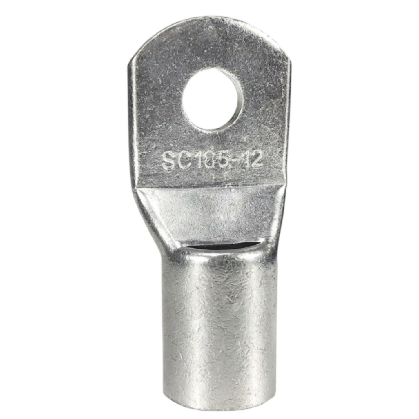 Metal terminal with a hole and cutout on a white background
