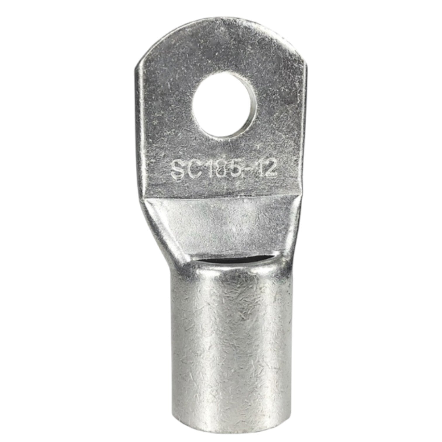 Metal terminal with a hole and cutout on a white background