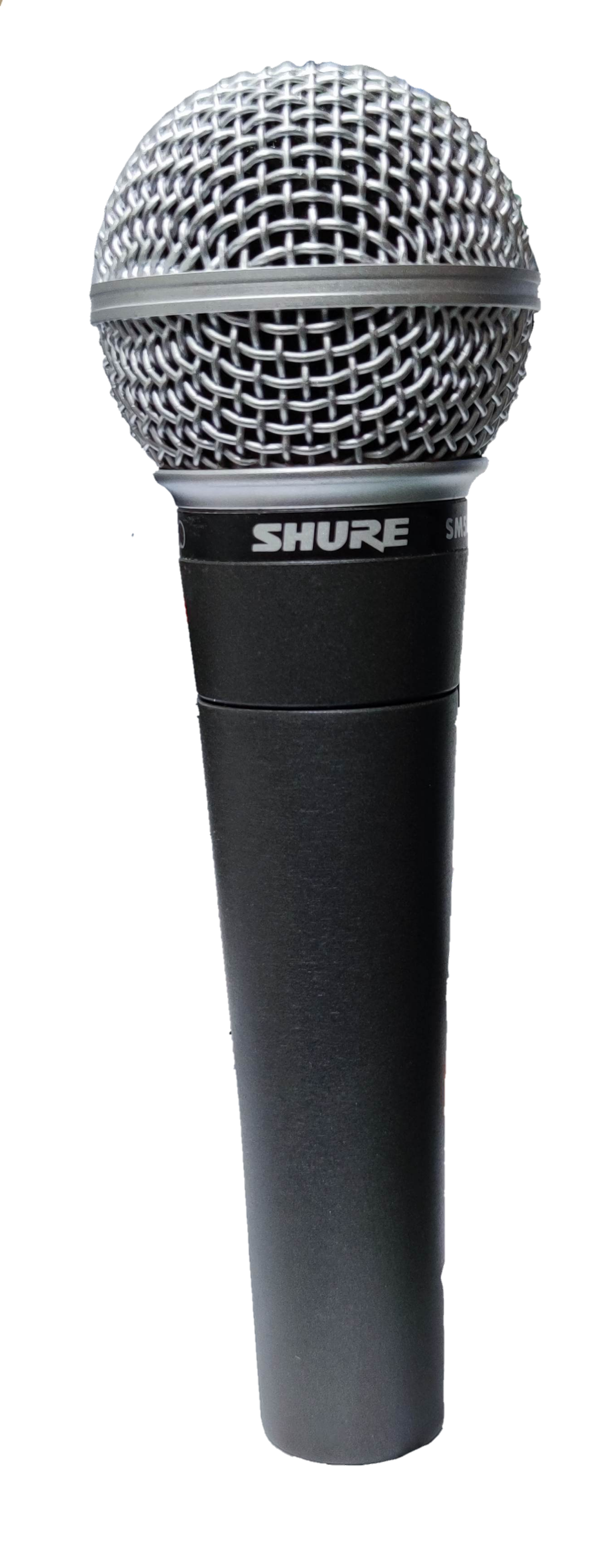 Shure microphone with microphone holder featuring metal grille and black body for clear audio capture